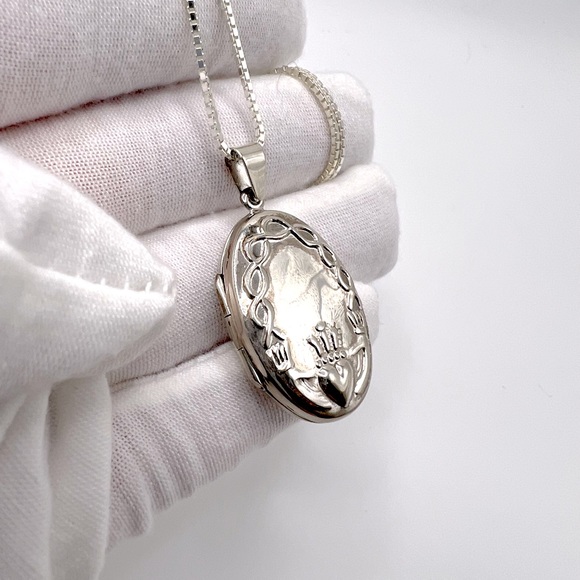 .925 Sterling Silver Claddagh Design Locket Necklace - Picture 9 of 17